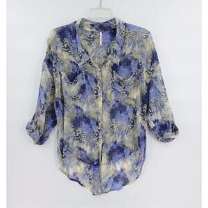 Free People Sheer Top Small Pastel Purple Abstract Roll Tab Sleeve Boho Chic